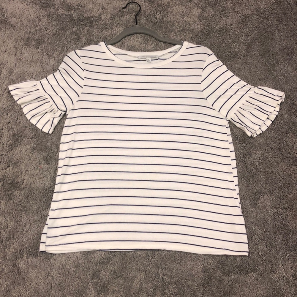 Green Envelope navy and white striped top